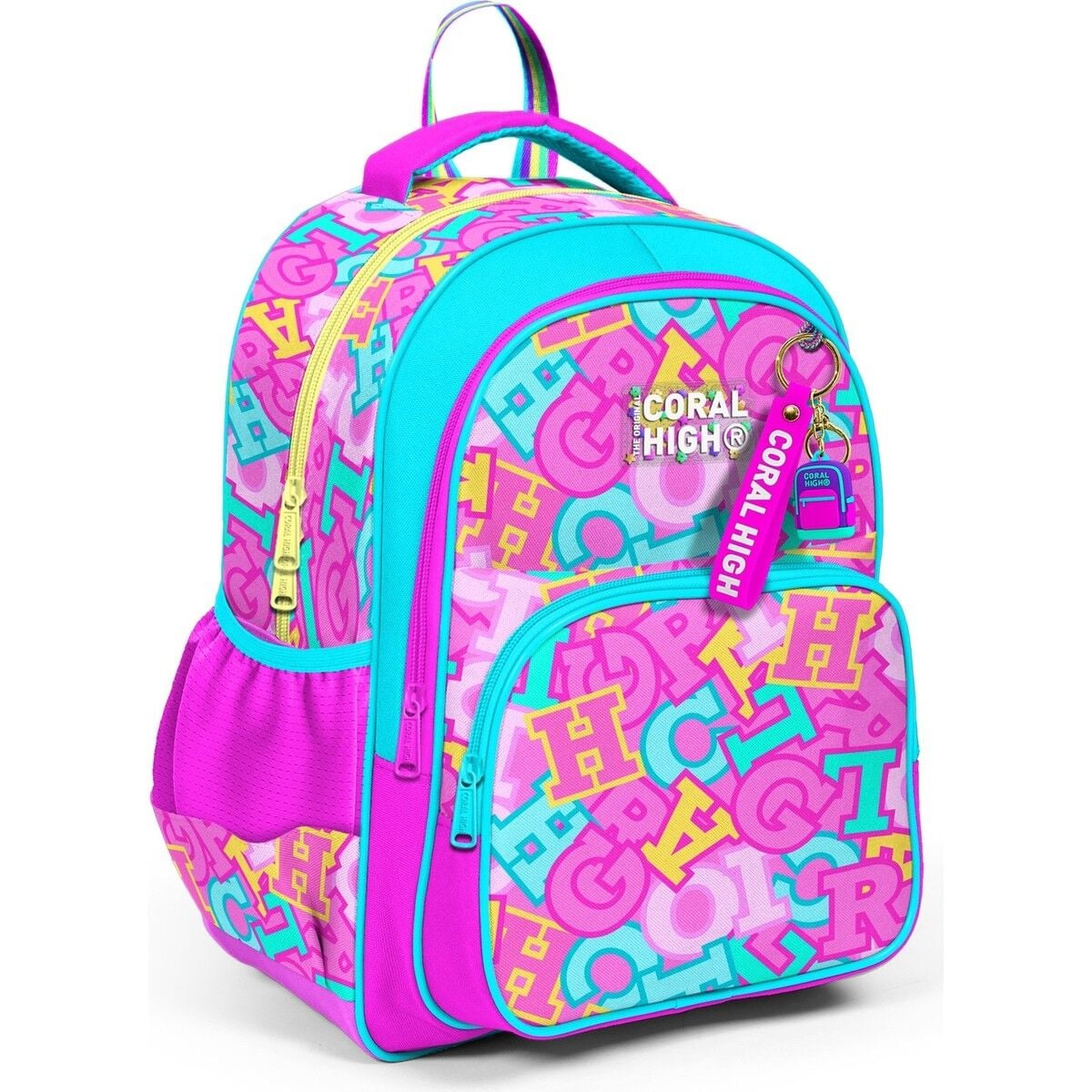 Coral High Kids Pembe Su Yeşili Harf Desenli Üç Bölmeli Okul Sırt Çantası 33241