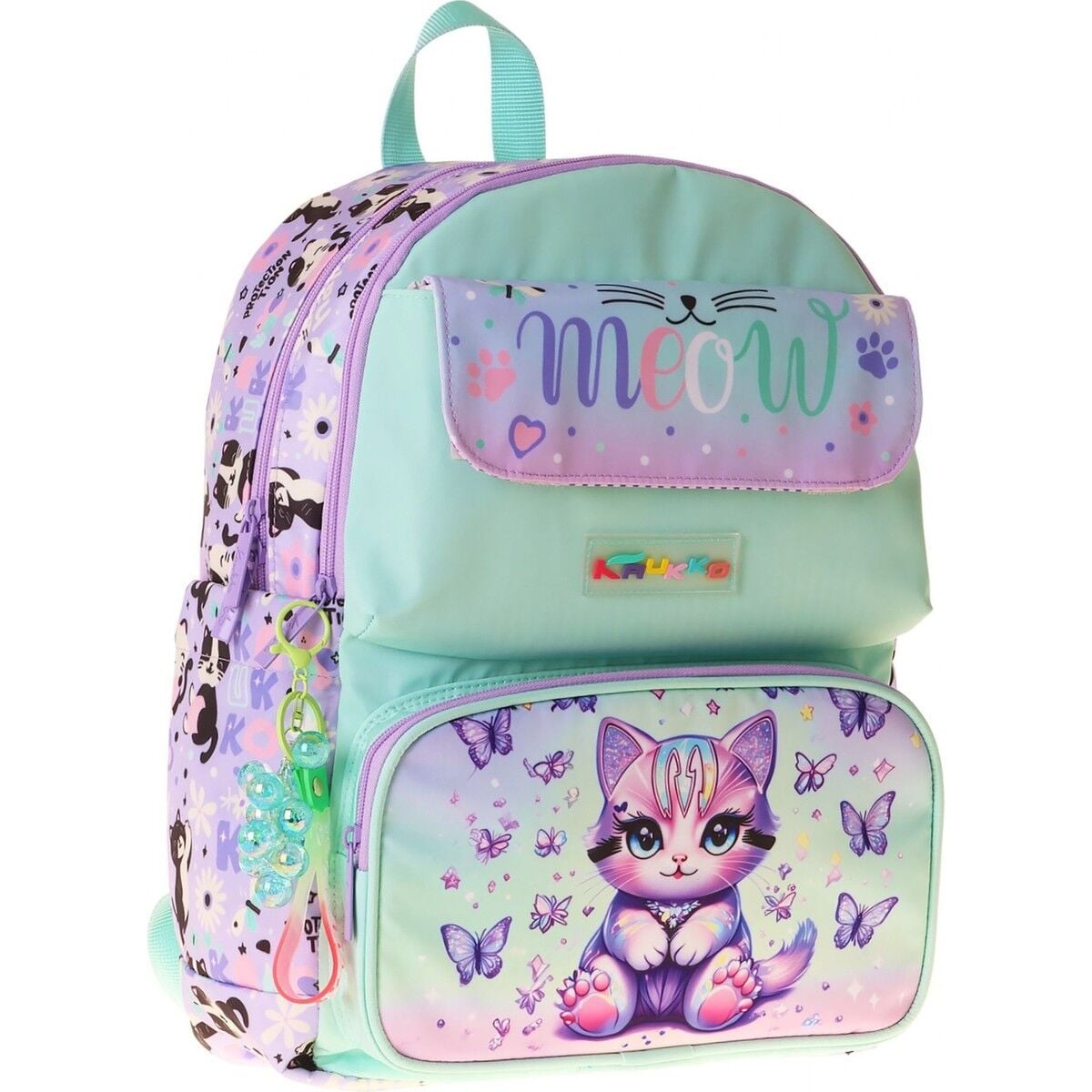 Kaukko Kids Kız Çocuk Mor Kedi Desenli Okul Çantası - Yeşil - Mor - Meow - L5288