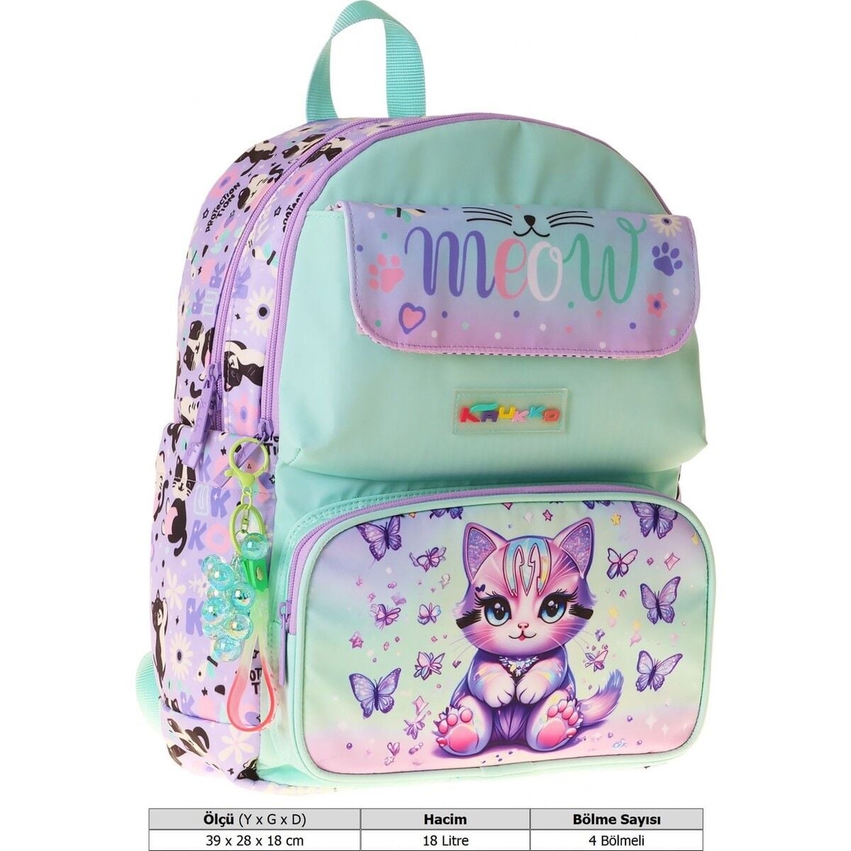 Kaukko Kids Kız Çocuk Mor Kedi Desenli Okul Çantası - Yeşil - Mor - Meow - L5288