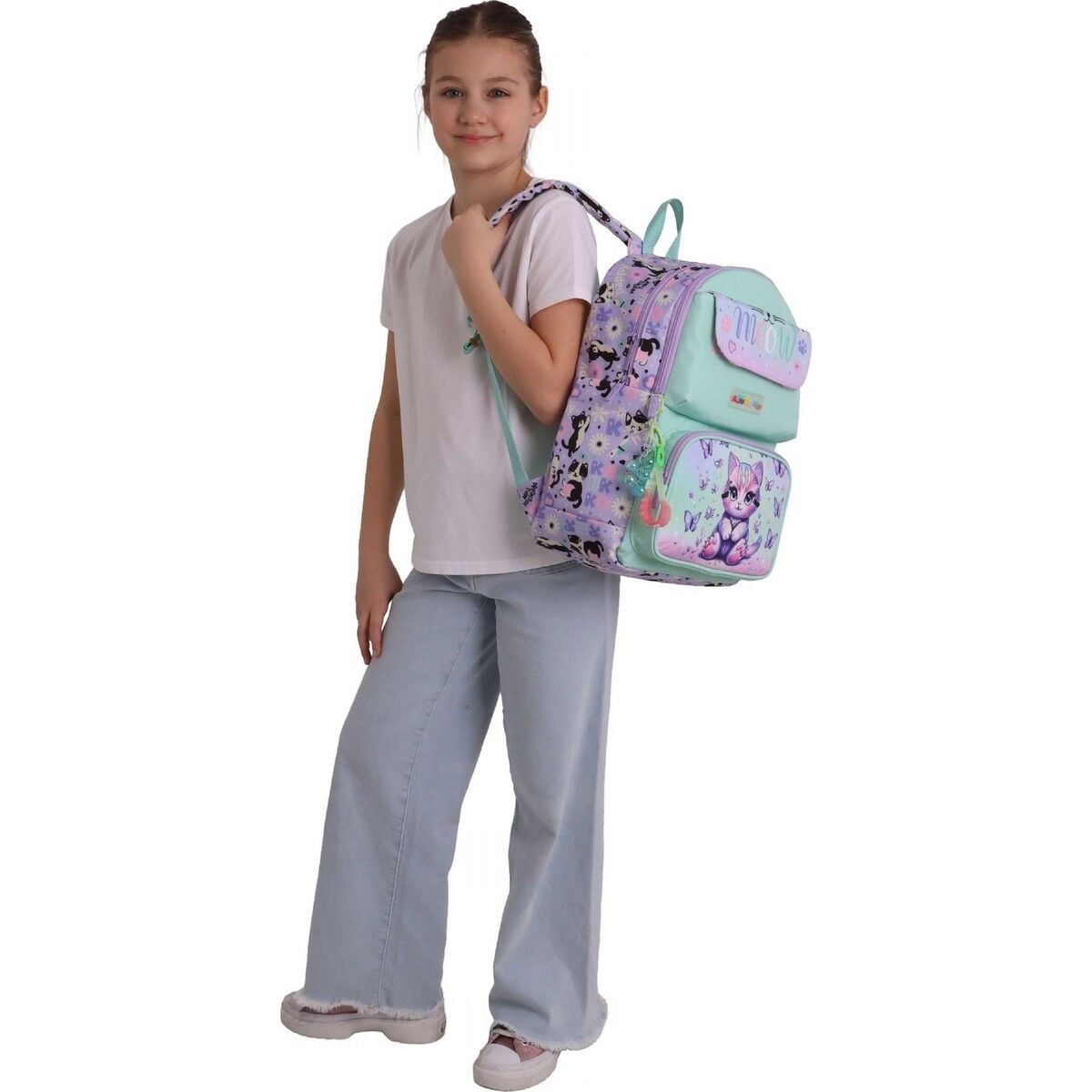 Kaukko Kids Kız Çocuk Mor Kedi Desenli Okul Çantası - Yeşil - Mor - Meow - L5288