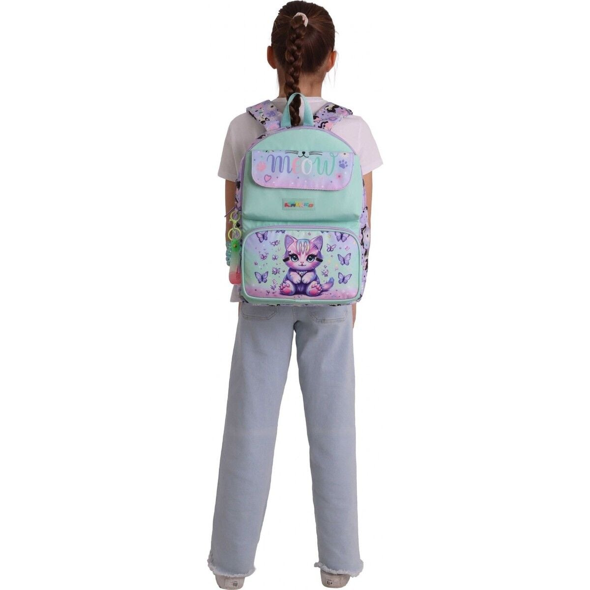 Kaukko Kids Kız Çocuk Mor Kedi Desenli Okul Çantası - Yeşil - Mor - Meow - L5288