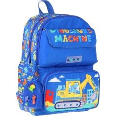 Kaukko Kids Erkek Çocuk Dinazor ve Iş Makinesi Baskılı Okul Çantası - Mavi - Sarı - Mechanic - L5369