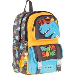 Kaukko Kids Dört Bölmeli Erkek Çocuk Dinazor Roar Some Baskılı Sarı - Mavi Okul Sırt Çantası - L5394