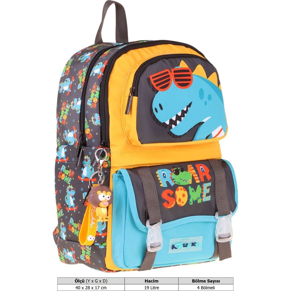 Kaukko Kids Dört Bölmeli Erkek Çocuk Dinazor Roar Some Baskılı Sarı - Mavi Okul Sırt Çantası - L5394