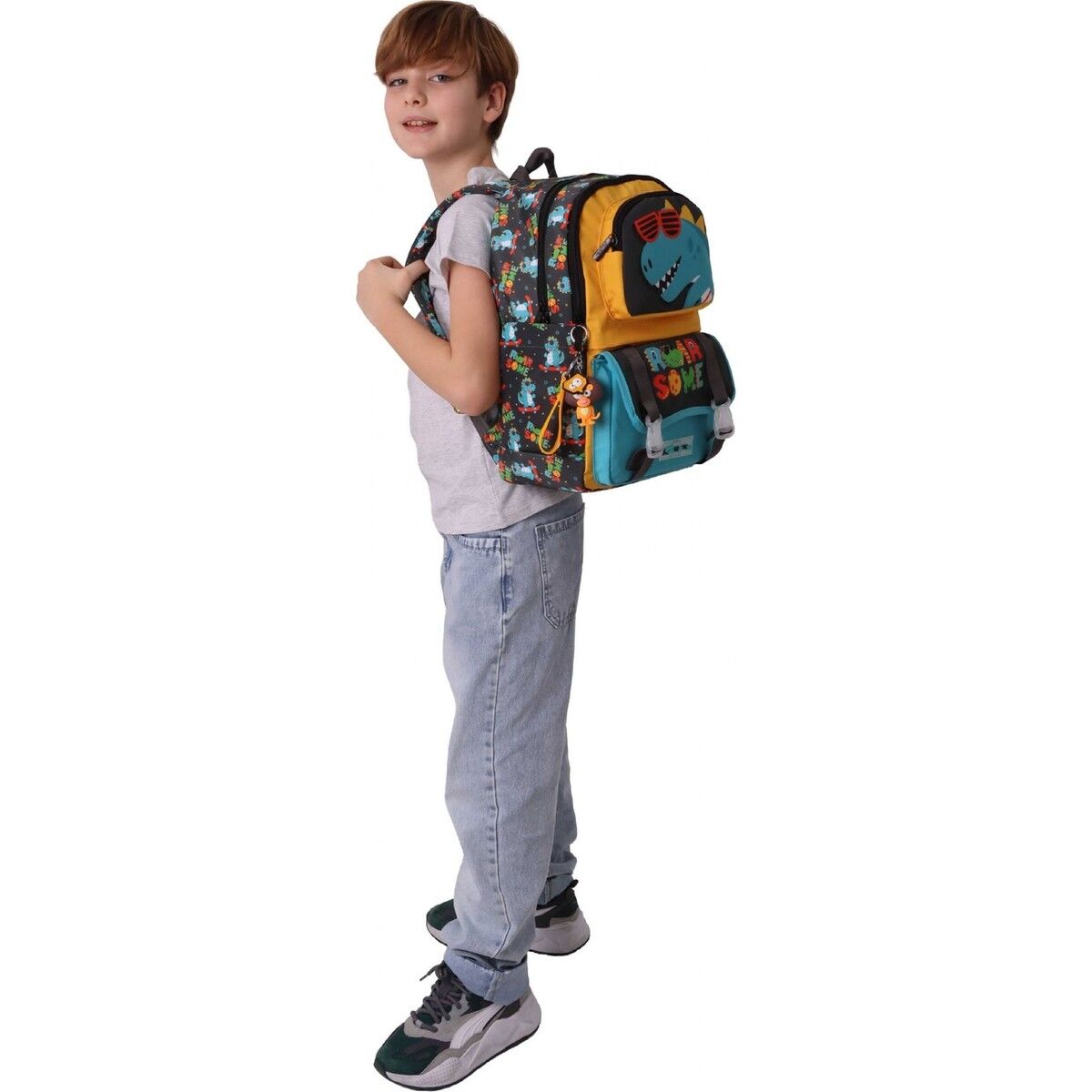 Kaukko Kids Dört Bölmeli Erkek Çocuk Dinazor Roar Some Baskılı Sarı - Mavi Okul Sırt Çantası - L5394