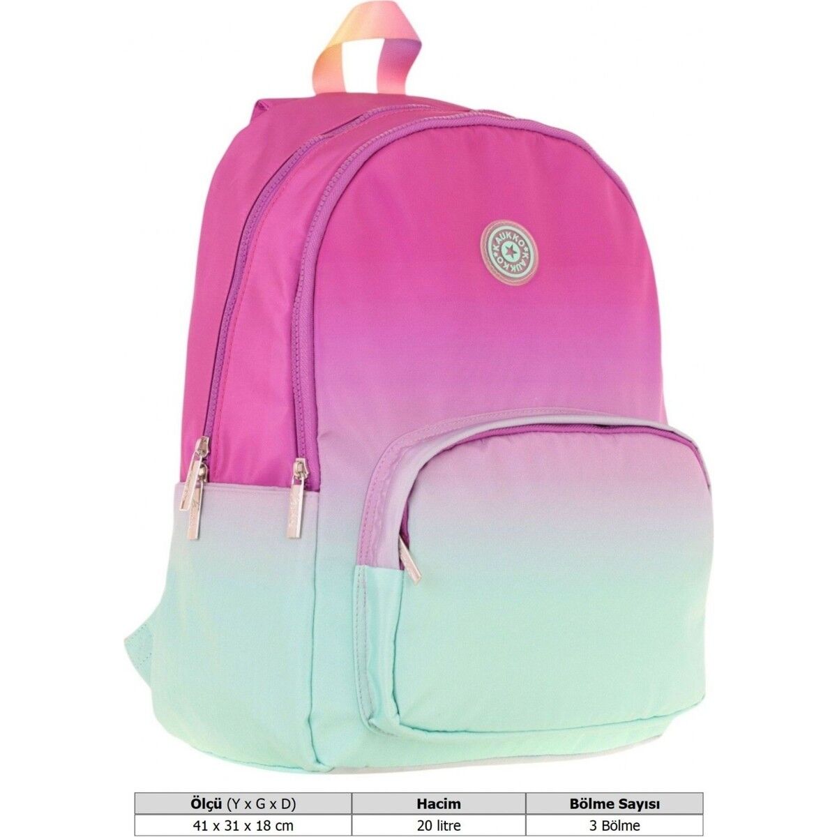Kaukko Rainbow Kız Çocuk Üç Bölmeli Ilkokul ve Ortaokul Çantası - Pembe Yeşil Renk Geçişli - K1798