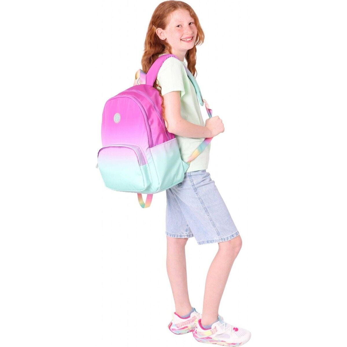 Kaukko Rainbow Kız Çocuk Üç Bölmeli Ilkokul ve Ortaokul Çantası - Pembe Yeşil Renk Geçişli - K1798