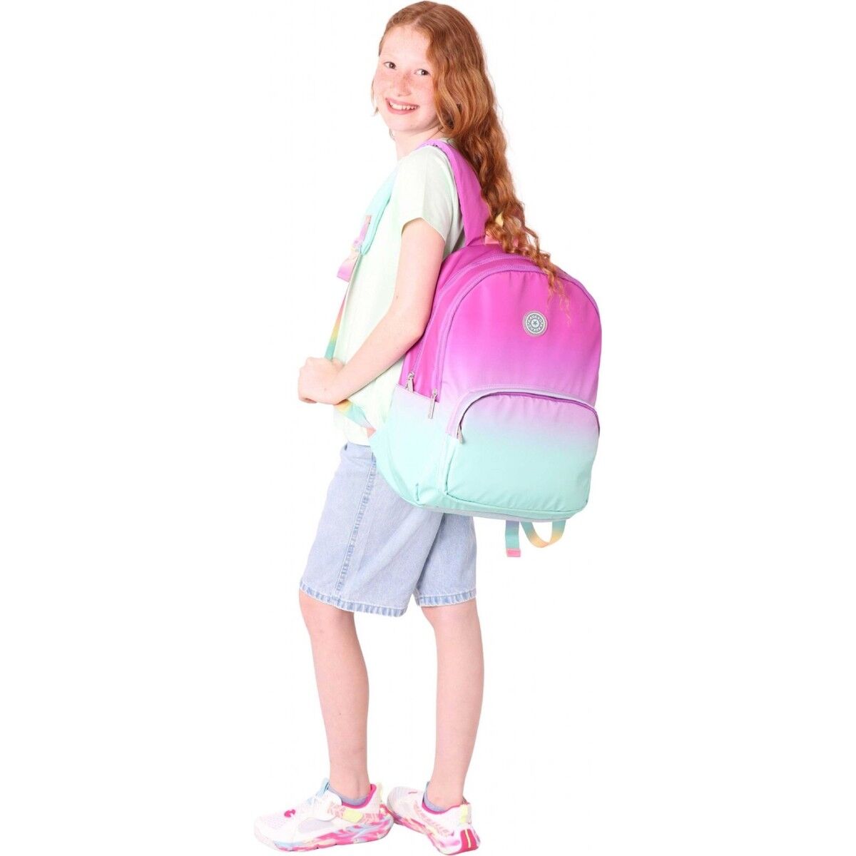 Kaukko Rainbow Kız Çocuk Üç Bölmeli Ilkokul ve Ortaokul Çantası - Pembe Yeşil Renk Geçişli - K1798