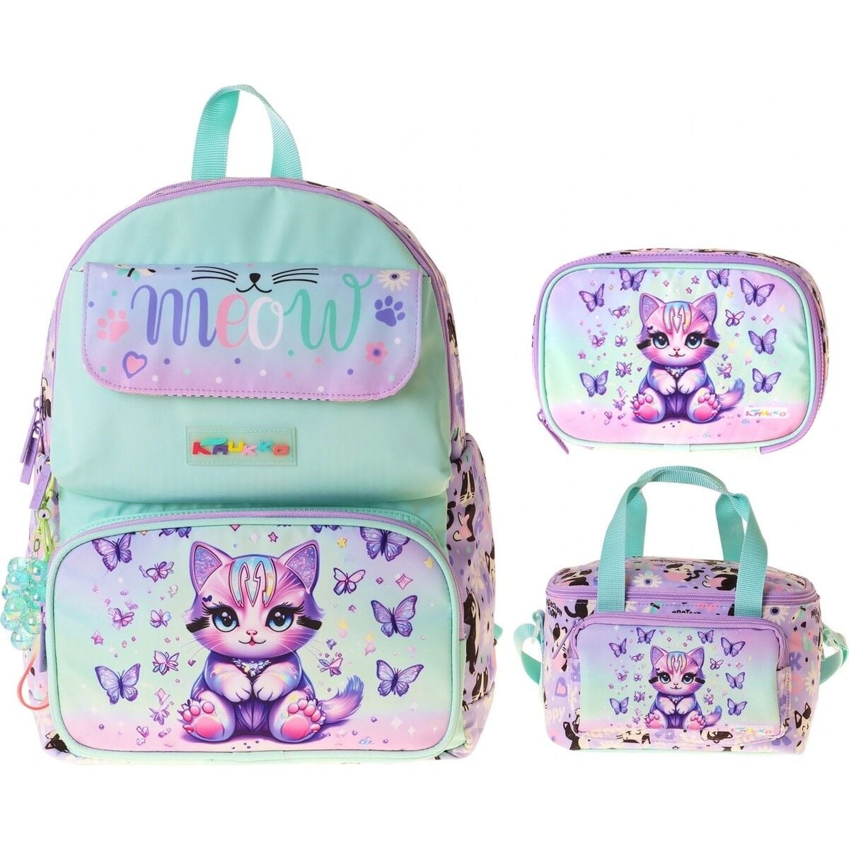 Kids Meow(Yeşil - Mor Renk) Kız Çocuk Üçlü Ilkokul Okul Çantası Seti/takımı - SETKK-L5288D
