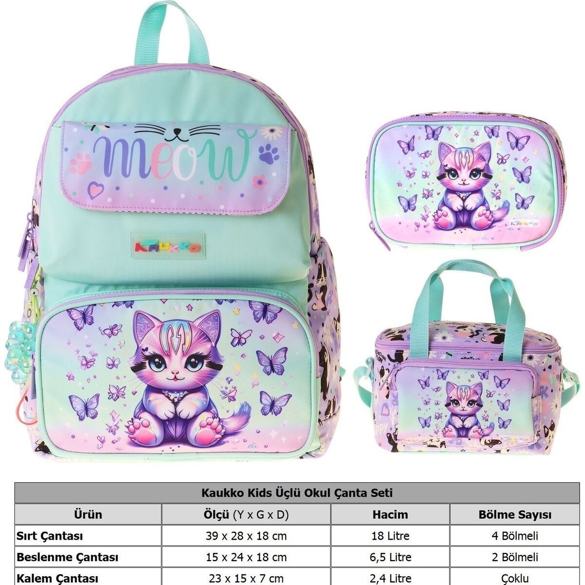 Kids Meow(Yeşil - Mor Renk) Kız Çocuk Üçlü Ilkokul Okul Çantası Seti/takımı - SETKK-L5288D