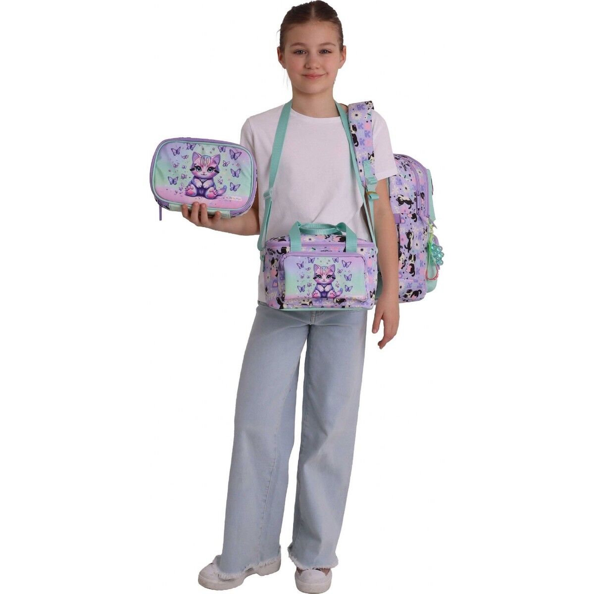 Kids Meow(Yeşil - Mor Renk) Kız Çocuk Üçlü Ilkokul Okul Çantası Seti/takımı - SETKK-L5288D