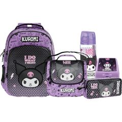 Kuromi Orjinal Lisanslı Çanta+ Beslenme Çantası+ Kalemlik+ Suluk+ Beslenme Kutusu Set I