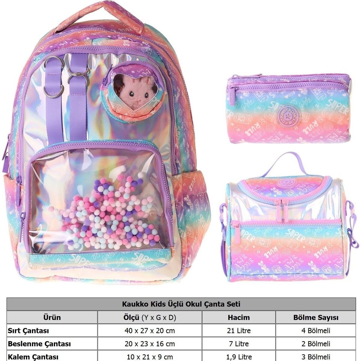 Kids Rule(Lila Renk) Kız Çocuk Üçlü Ilkokul Okul Çantası Seti/takımı - SETKK-L5348A