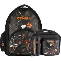 3 Bölmeli Victor Osimhen Suni Deri Okul Çantası + Beslenme Çantası