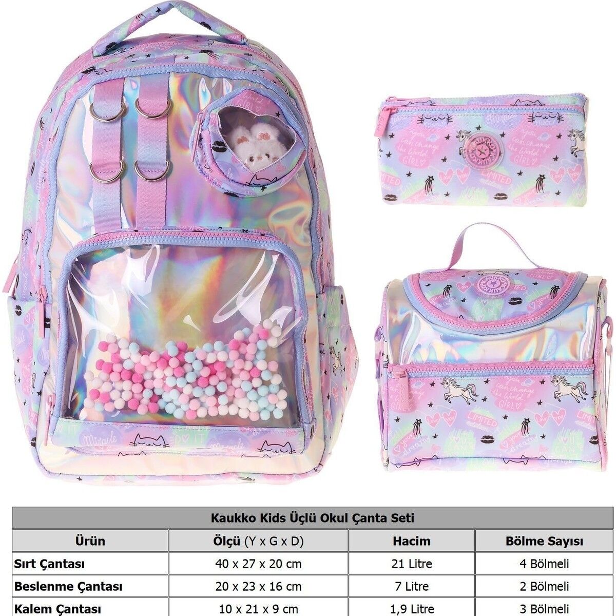 Kids Dream(Çok Renkli Renk) Kız Çocuk Üçlü Ilkokul Okul Çantası Seti/takımı - SETKK-L5343A