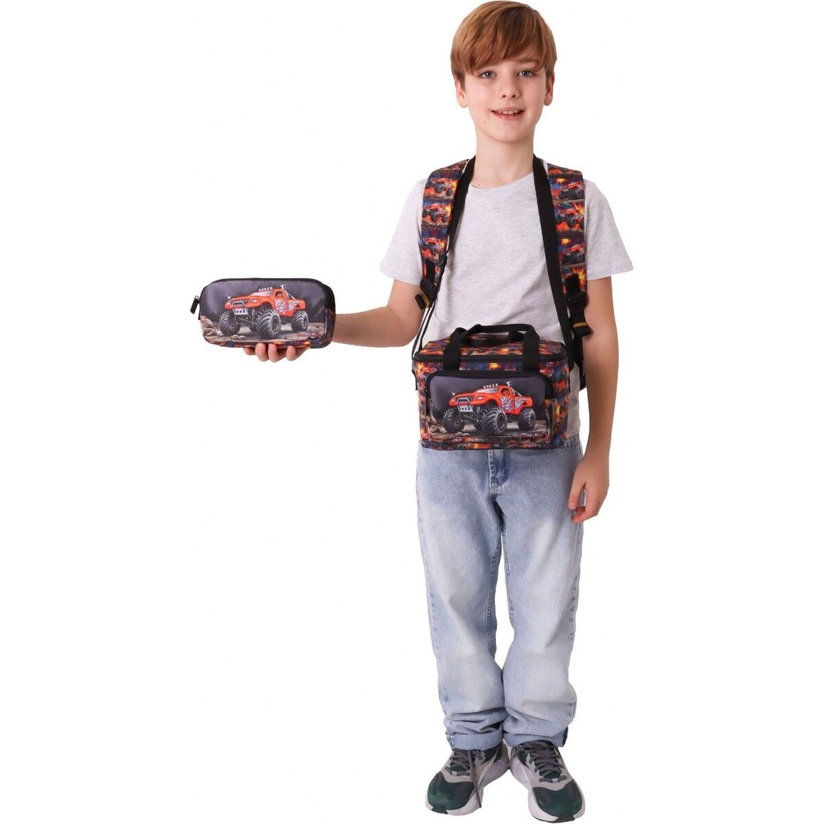 Kids Soil Truck(Siyah - Kırmızı Renk) Erkek Çocuk Üçlü Ilkokul Okul Çantası Seti/takımı - SETKK-L5359A