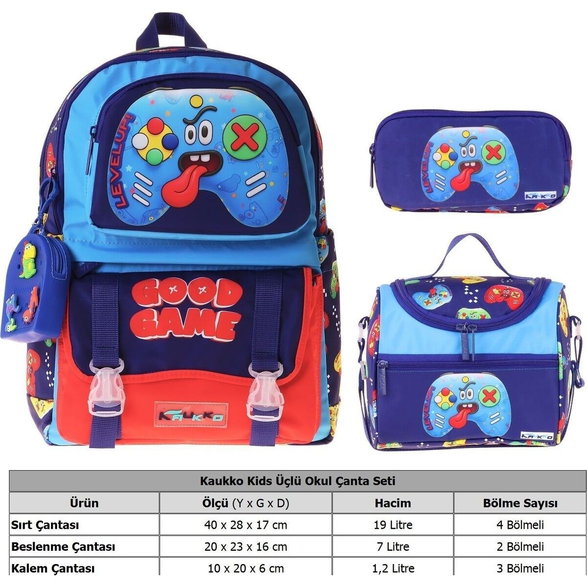 Kids Good Game(Lacivert - Kırmızı Renk) Erkek Çocuk Üçlü Ilkokul Okul Çantası Seti/takımı - SETKK-L5389A