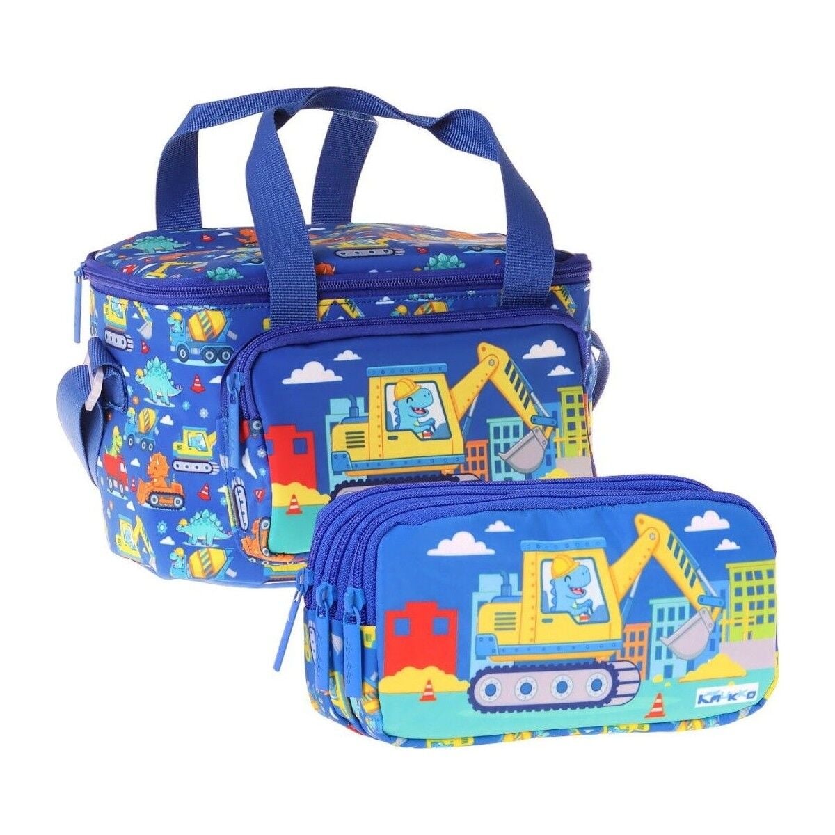 Kids Erkek Çocuk Dinazor ve Iş Makinesi Baskılı Mavi - Sarı Thermo Beslenme Çantası ve Kalemlik Seti - SETKK-L5370