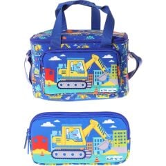 Kids Erkek Çocuk Dinazor ve Iş Makinesi Baskılı Mavi - Sarı Thermo Beslenme Çantası ve Kalemlik Seti - SETKK-L5370
