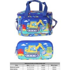 Kids Erkek Çocuk Dinazor ve Iş Makinesi Baskılı Mavi - Sarı Thermo Beslenme Çantası ve Kalemlik Seti - SETKK-L5370