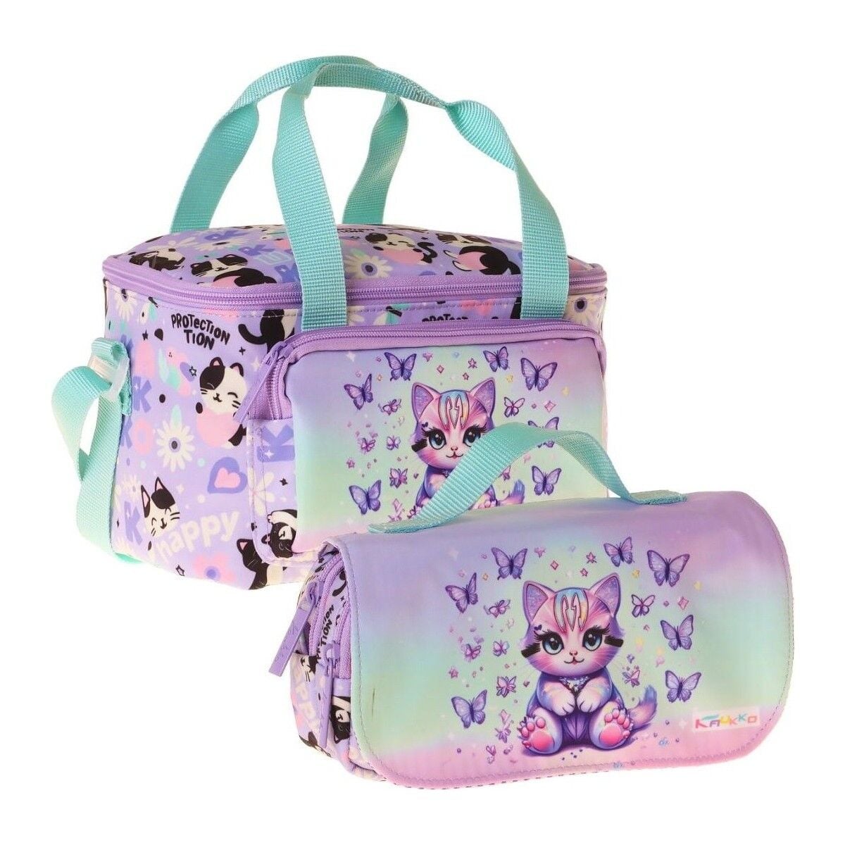 Kids Kız Çocuk Mor Kedi Desenli Yeşil - Mor Thermo Beslenme Çantası ve Kalemlik Seti - SETKK-L5289