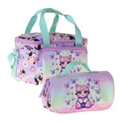 Kids Kız Çocuk Mor Kedi Desenli Yeşil - Mor Thermo Beslenme Çantası ve Kalemlik Seti - SETKK-L5289