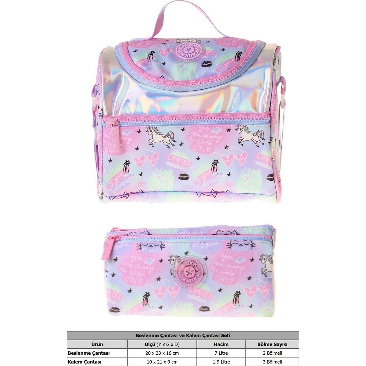 Kids Kız Çocuk Dream Baskılı Çok Renkli Thermo Beslenme Çantası ve Kalemlik Seti - SETKK-L5344