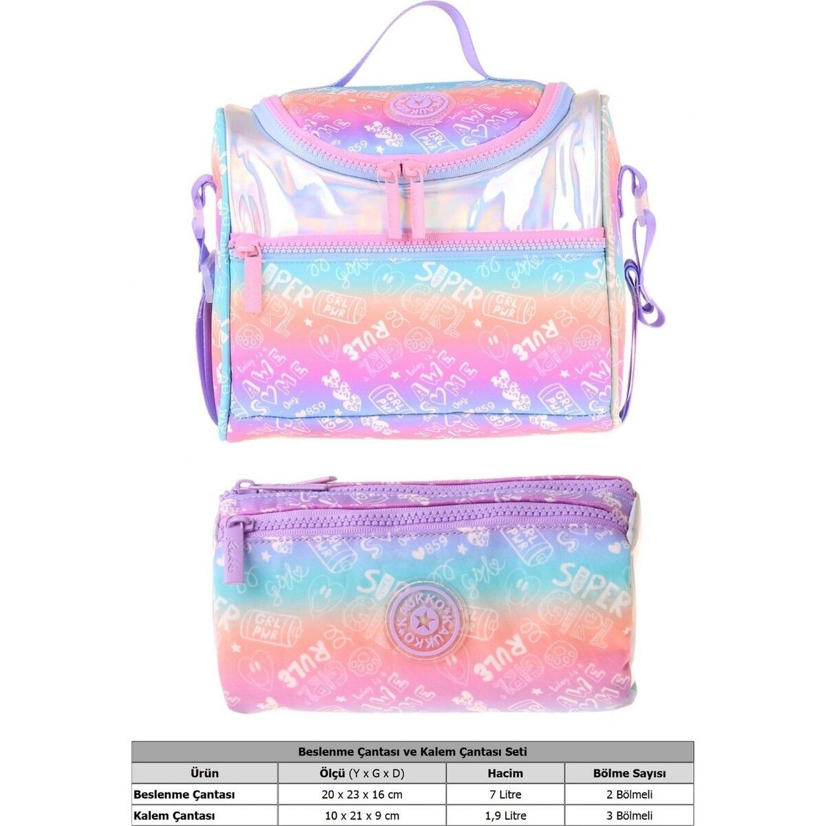 Kids Kız Çocuk Renk Geçişli Lila Thermo Beslenme Çantası ve Kalemlik Seti - SETKK-L5349