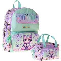 Kids Meow Kız Çocuk Yeşil - Mor Ilkokul Sırt Çantası ve Beslenme Çanta Seti - SETKK-L5288B