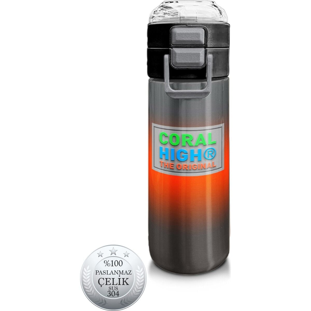 Coral High Kids Gri Turuncu Renk Geçişli Pipetli ve Direkt Içim Çelik Termos 500 ml 31949