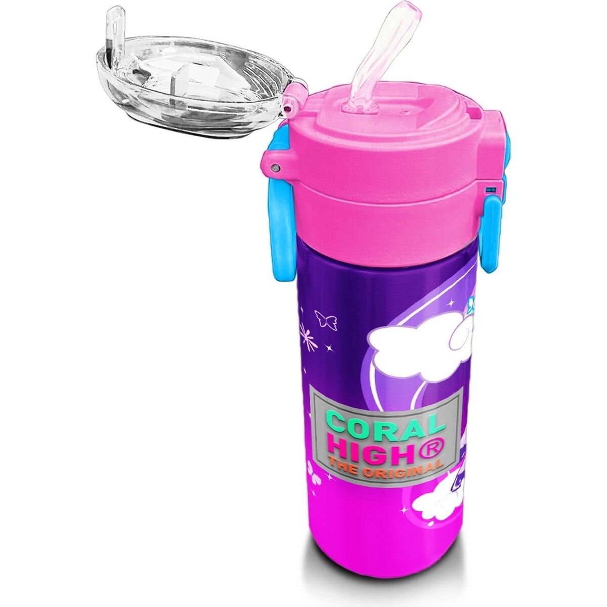 Coral High Kids Mor Pembe Unicorn Desenli Pipetli ve Direkt Içim Çelik Termos 500 ml 31923