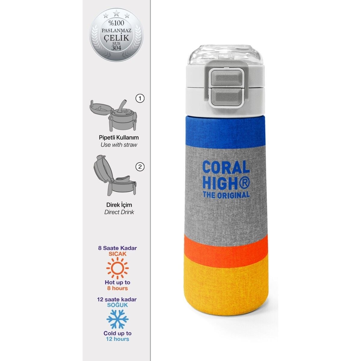 Coral High Kids Gri Turuncu Çizgi Desenli Pipetli ve Direkt Içim Çelik Termos 500 ml 38121