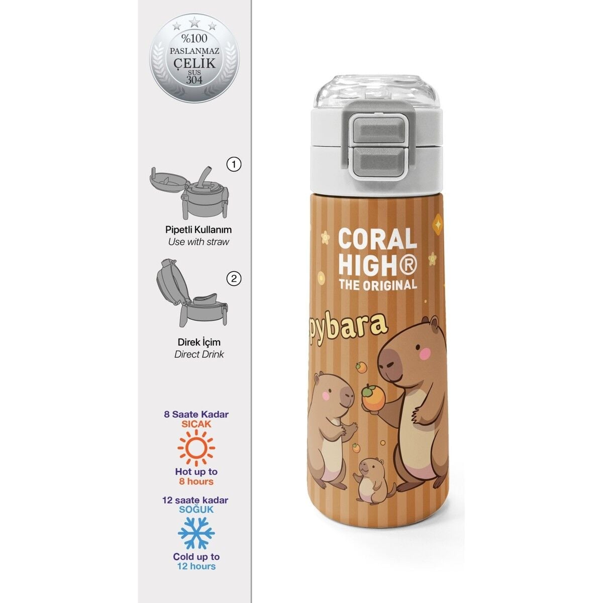 Coral High Kids Kapibara Desenli Pipetli ve Direkt Içim Çelik Termos 500 ml 31790