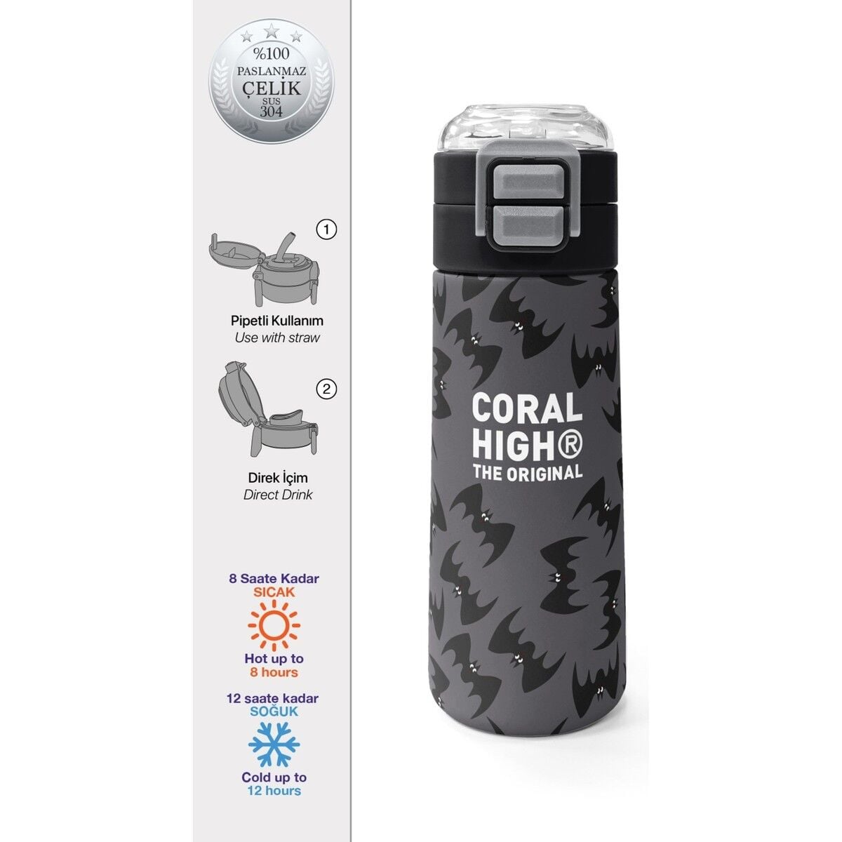 Coral High Kids Gri Siyah Yarasa Desenli Pipetli ve Direkt Içim Çelik Termos 500 ml 38126