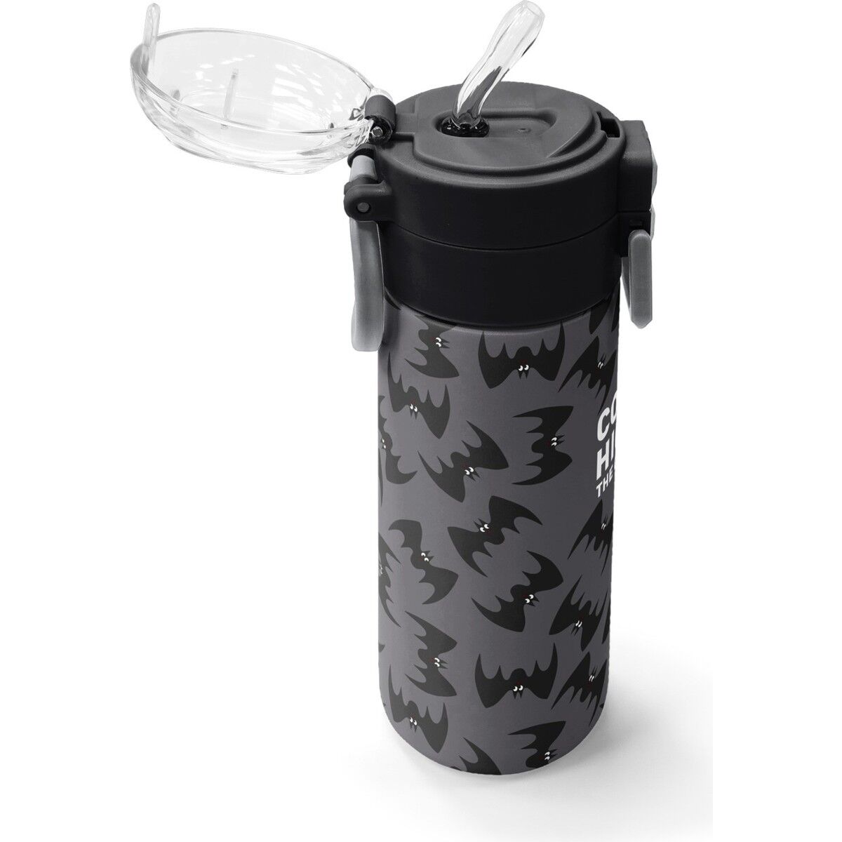 Coral High Kids Gri Siyah Yarasa Desenli Pipetli ve Direkt Içim Çelik Termos 500 ml 38126