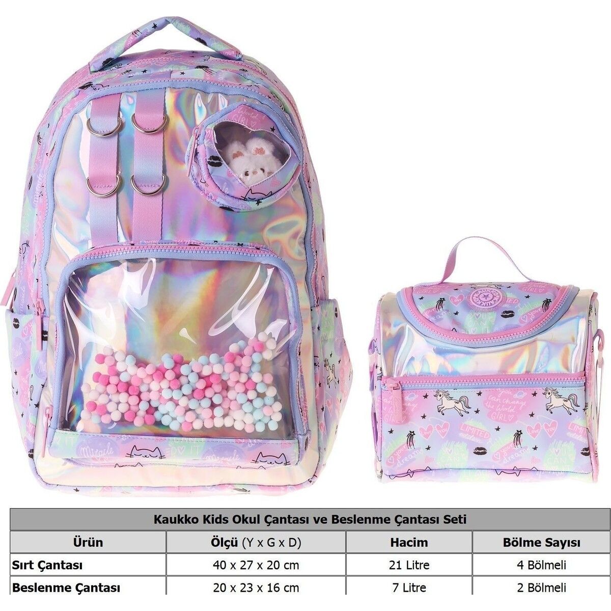 Kids Dream Kız Çocuk Çok Renkli Ilkokul Sırt Çantası ve Beslenme Çanta Seti - SETKK-L5343B