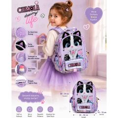 Chimola Dreamy Life Kedi Desenli 12 Inç Anaokulu Sırt Çantası – Peluş Kulaklı Lila BT287