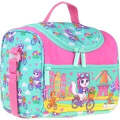 Kaukko Kids Kız Çocuk Bisikletli Kedi Baskılı Isı Yalıtımlı Okul Beslenme Çantası (Yeşil - Pembe) - L5329