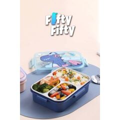 Vagonlife Bento 750ml Lunchbox Sevimli Dostlar Tek Katlı 3 Bölmeli Paslanmaz Çelik Sefer Tası Yemek Kutusu (Mavi Dinozor)