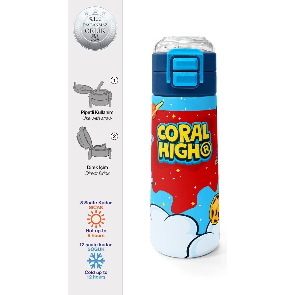 Coral High Kids Kırmızı Mavi Astronot Uzay Desenli Pipetli ve Direkt Içim Çelik Termos 500 ml 38127