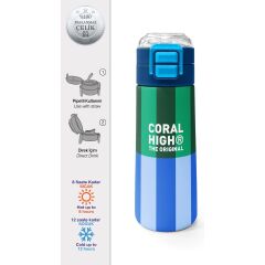 Coral High Kids Mavi Yeşil Çizgi Desenli Pipetli ve Direkt Içim Çelik Termos 500 ml 38111