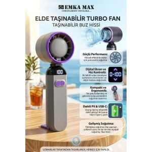 EMKA MAX Dijital Ekranlı Turbo El Fanı - 100 Kademeli Şarjlı Taşınabilir Fan - Buz Hissi Soğutucu
