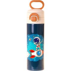 Kids 520 ml Astronot Baskılı Lacivert Erkek Çocuk Çelik Termos Matara (Çift Içim Kilitli Kapak) - L5367