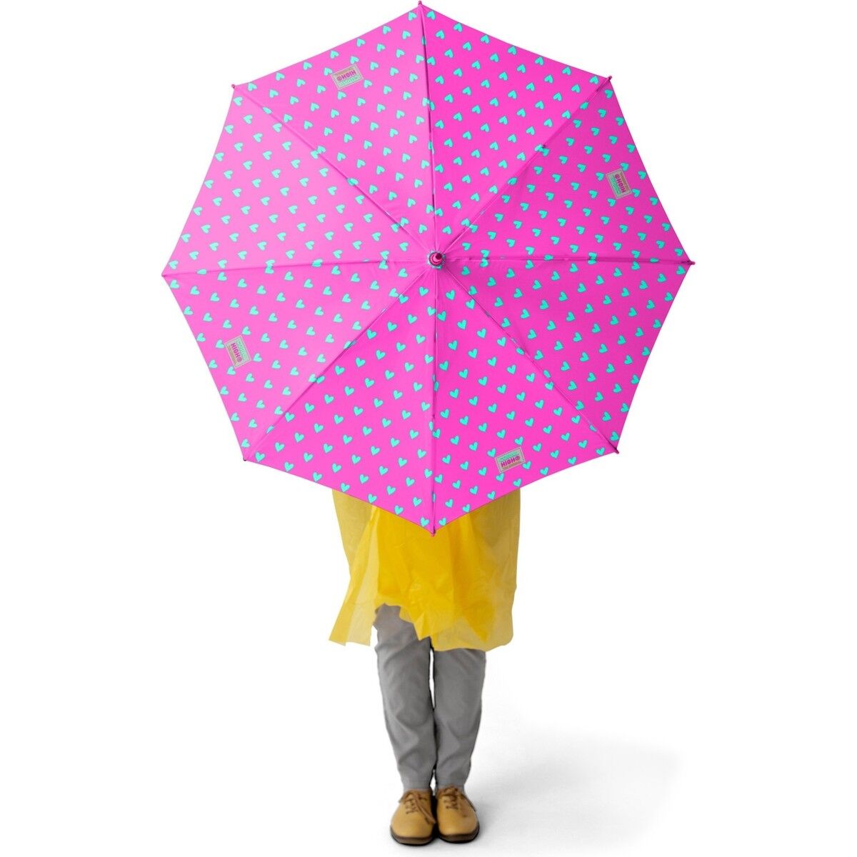 Coral High Kids Neon Pembe Su Yeşili Kalp Desenli Çocuk Şemsiyesi 12660