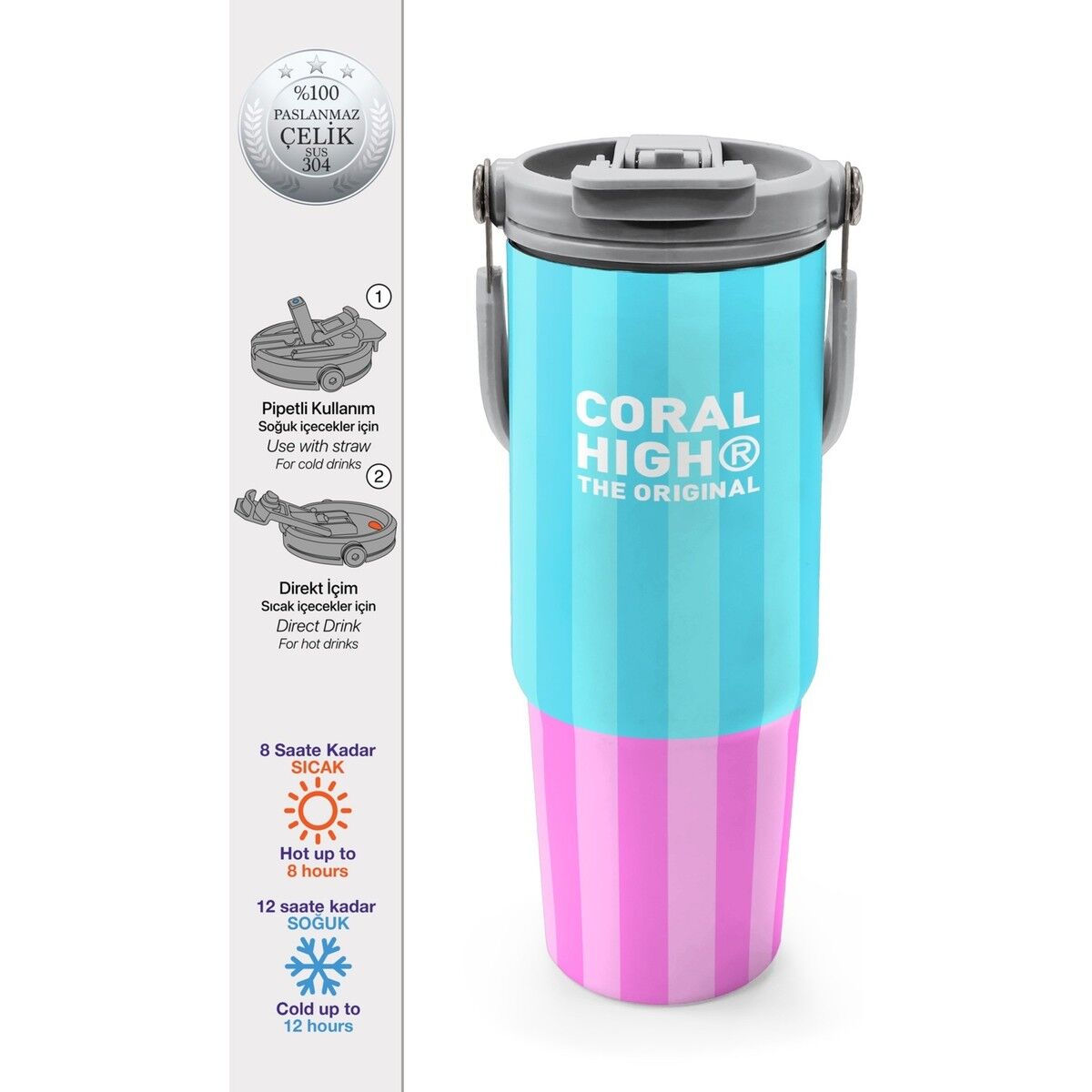 Coral High Renkli Çizgili Desenli Pipetli ve Direkt Içim Çelik Termos 900 ml 38747