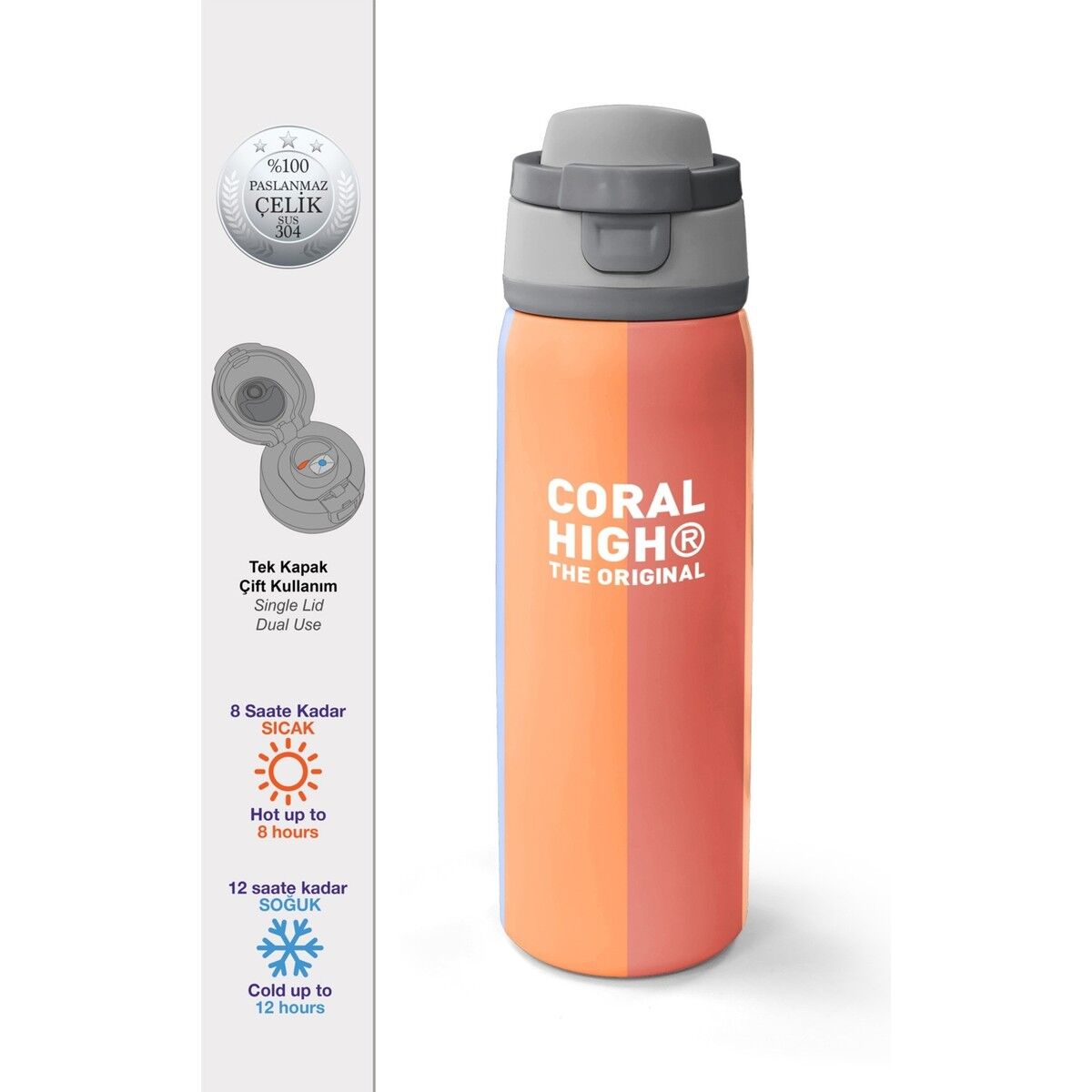 Coral High Kids Renkli Çizgili Desenli Pipetli ve Direkt Içim Çelik Termos 800 ml 38540