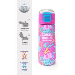 Coral High Kids Pembe Su Yeşili Harf Desenli Pipetli ve Direkt Içim Çelik Termos 500 ml 38123