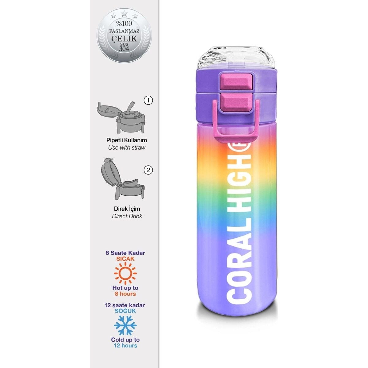 Coral High Kids Renk Geçişli Desenli Pipetli ve Direkt Içim Çelik Termos 500 ml 31863