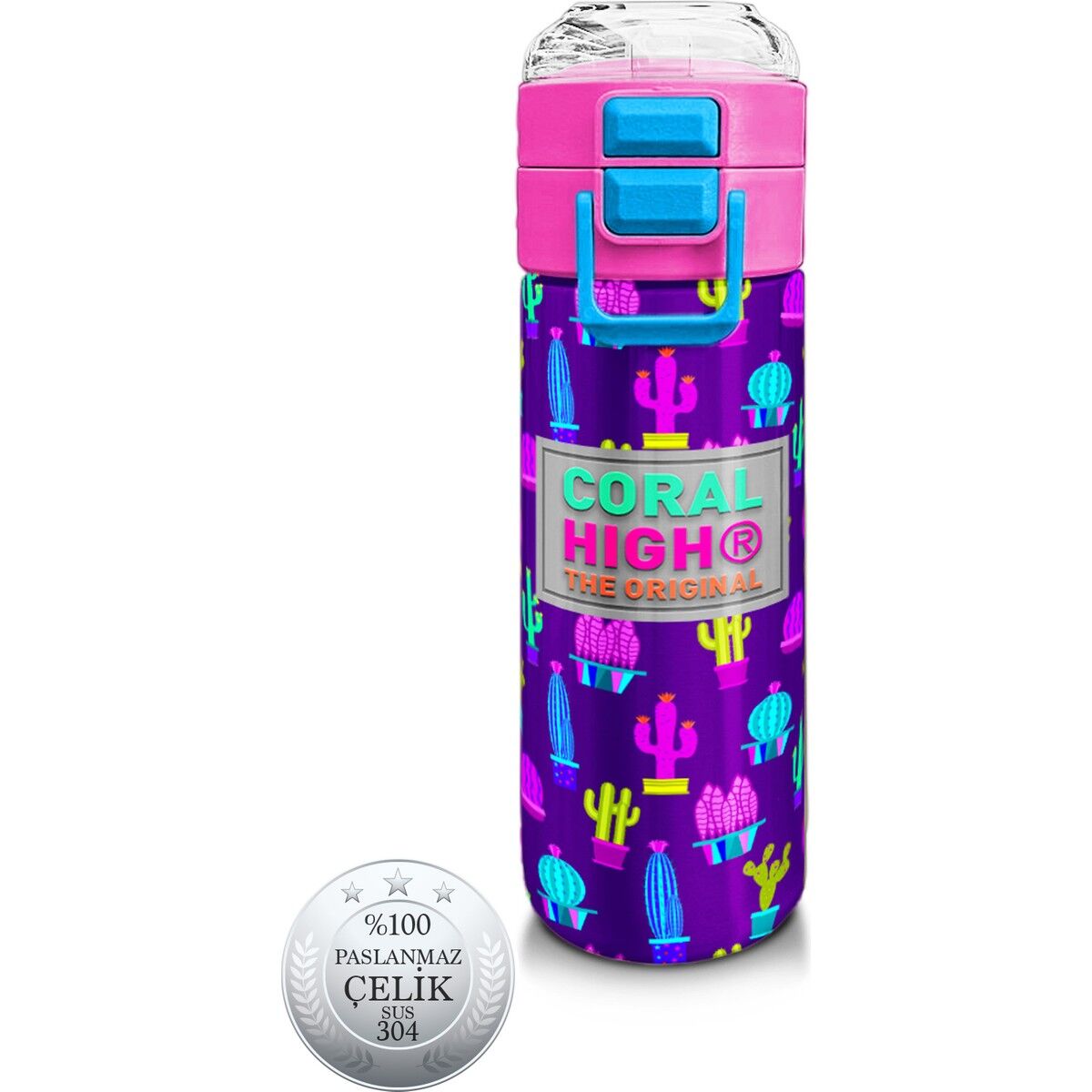 Coral High Kids Mor Pembe Kaktüs Desenli Pipetli ve Direkt Içim Çelik Termos 500 ml 31899