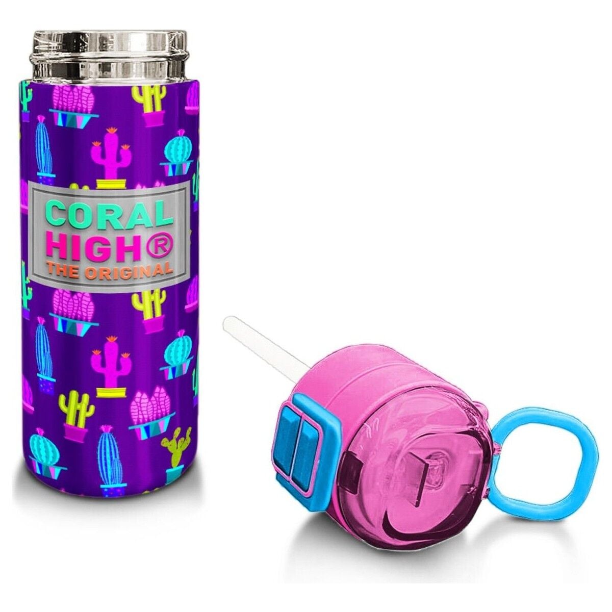 Coral High Kids Mor Pembe Kaktüs Desenli Pipetli ve Direkt Içim Çelik Termos 500 ml 31899